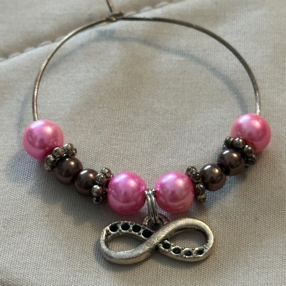 3/$15 Wine glass tag stainless steel hoop, pink & mocha beads infinity charm - Picture 11 of 12